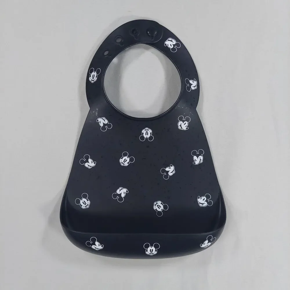 Disney Baby Bumkins Silicone Bib Black And White Mickey Mouse Face Easy Wipe